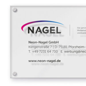 Werbetechnik von Neon-Nagel Beschriftetes Büro Schild transparent aus Acryl